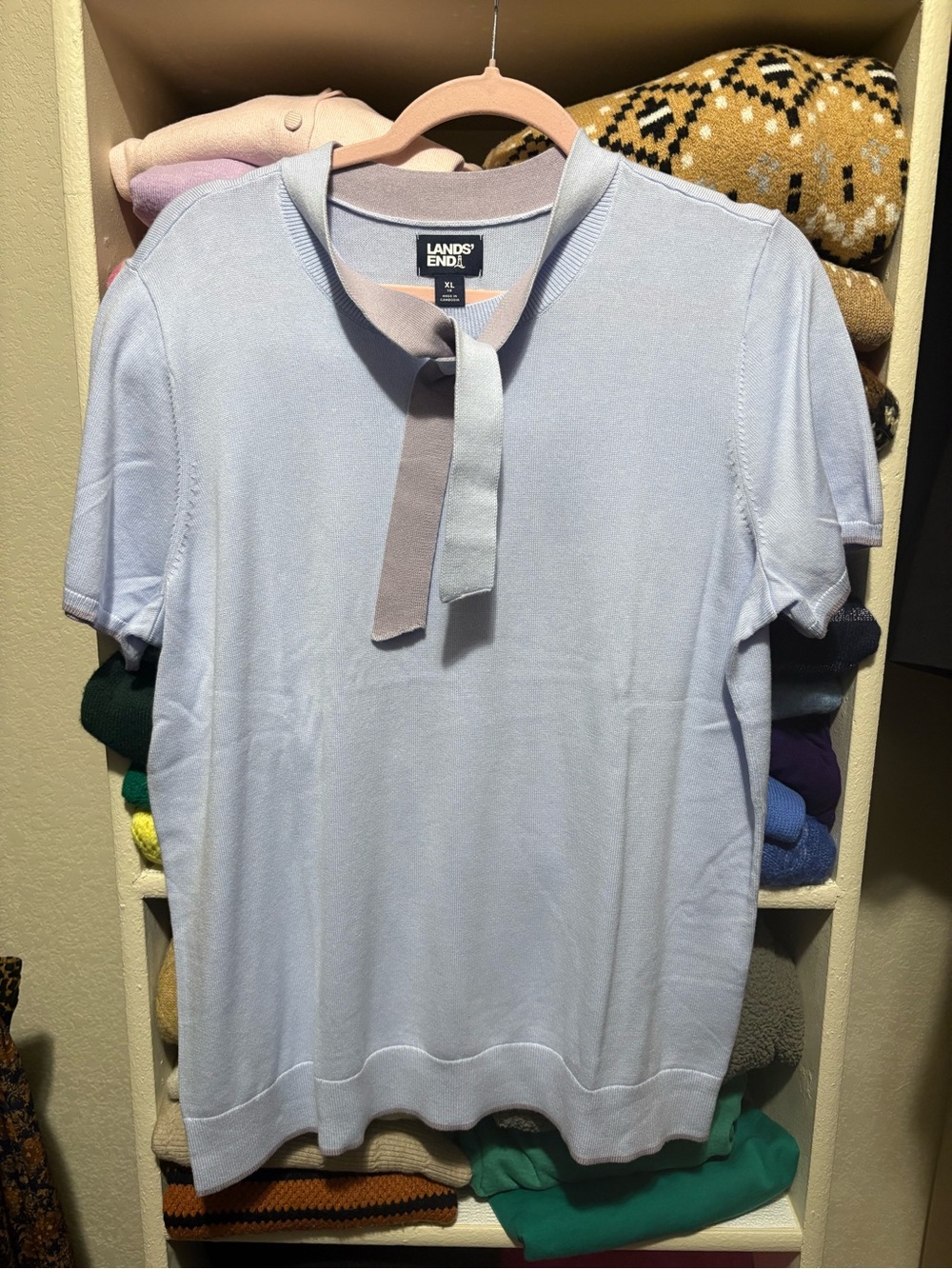 Lands' End Light Blue Short-Sleeve Tie-Neck Knit Top